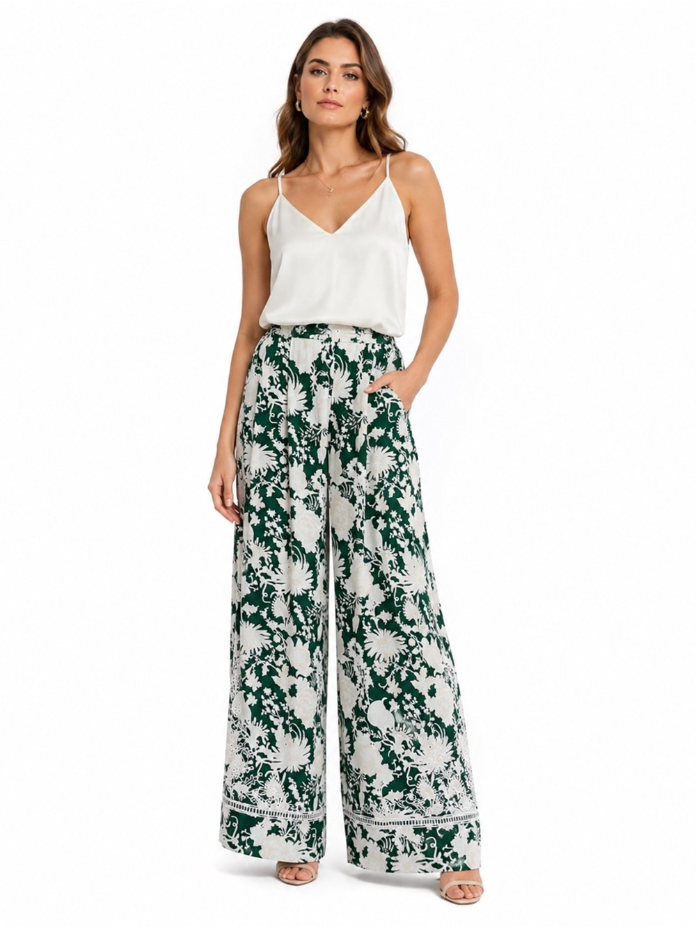 Figue Charlotte Wide Leg Pants Women L Green White Floral Pleated Flowy
